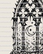 Close view of dark gothic window tattoo stencil with curved moon detail, pointed arch frame, small stars, and bold linework.