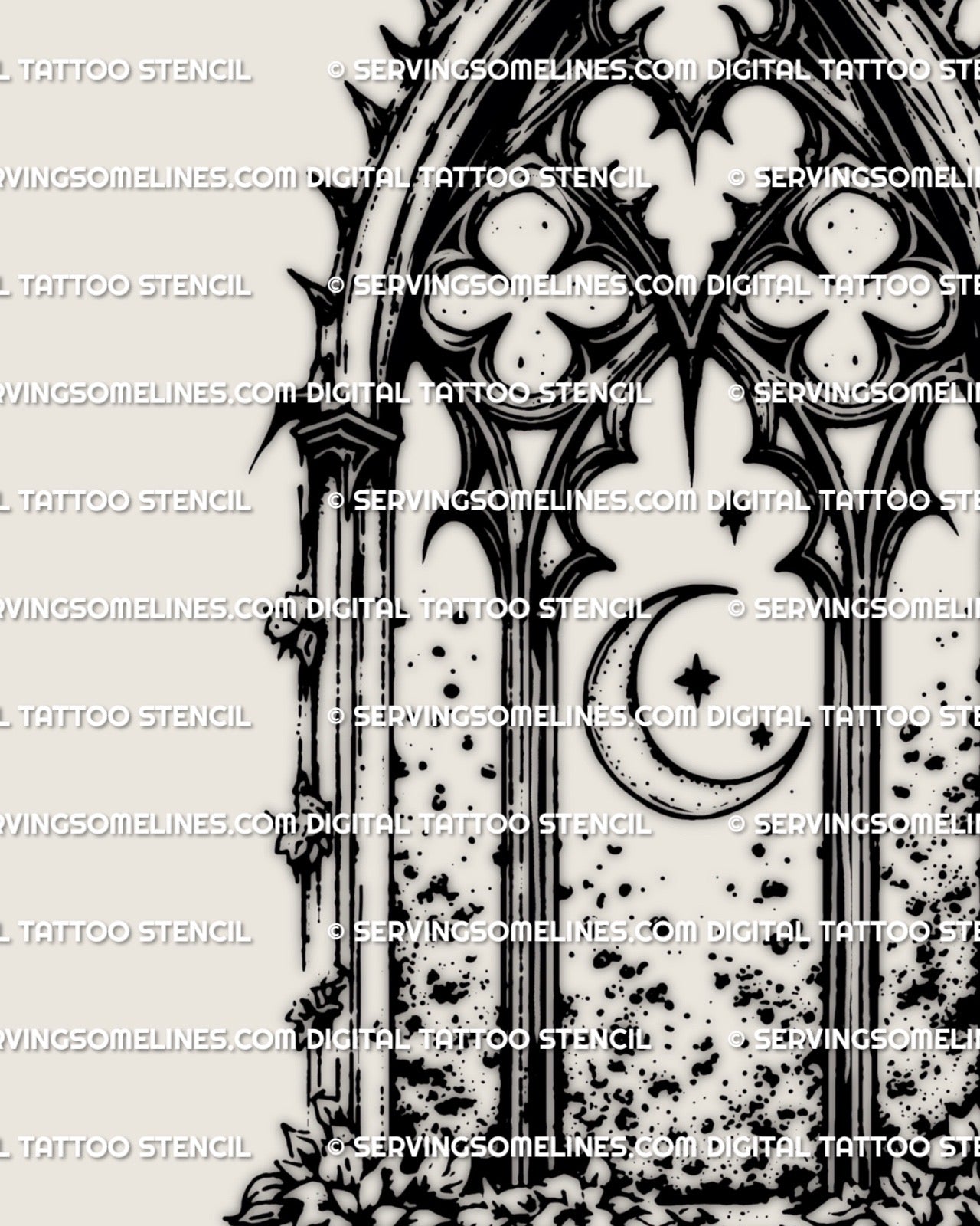 Close view of dark gothic window tattoo stencil with curved moon detail, pointed arch frame, small stars, and bold linework.
