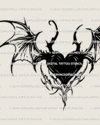 dark gothic winged heart tattoo stencil with bat inspired details displayed as a high resolution design preview
