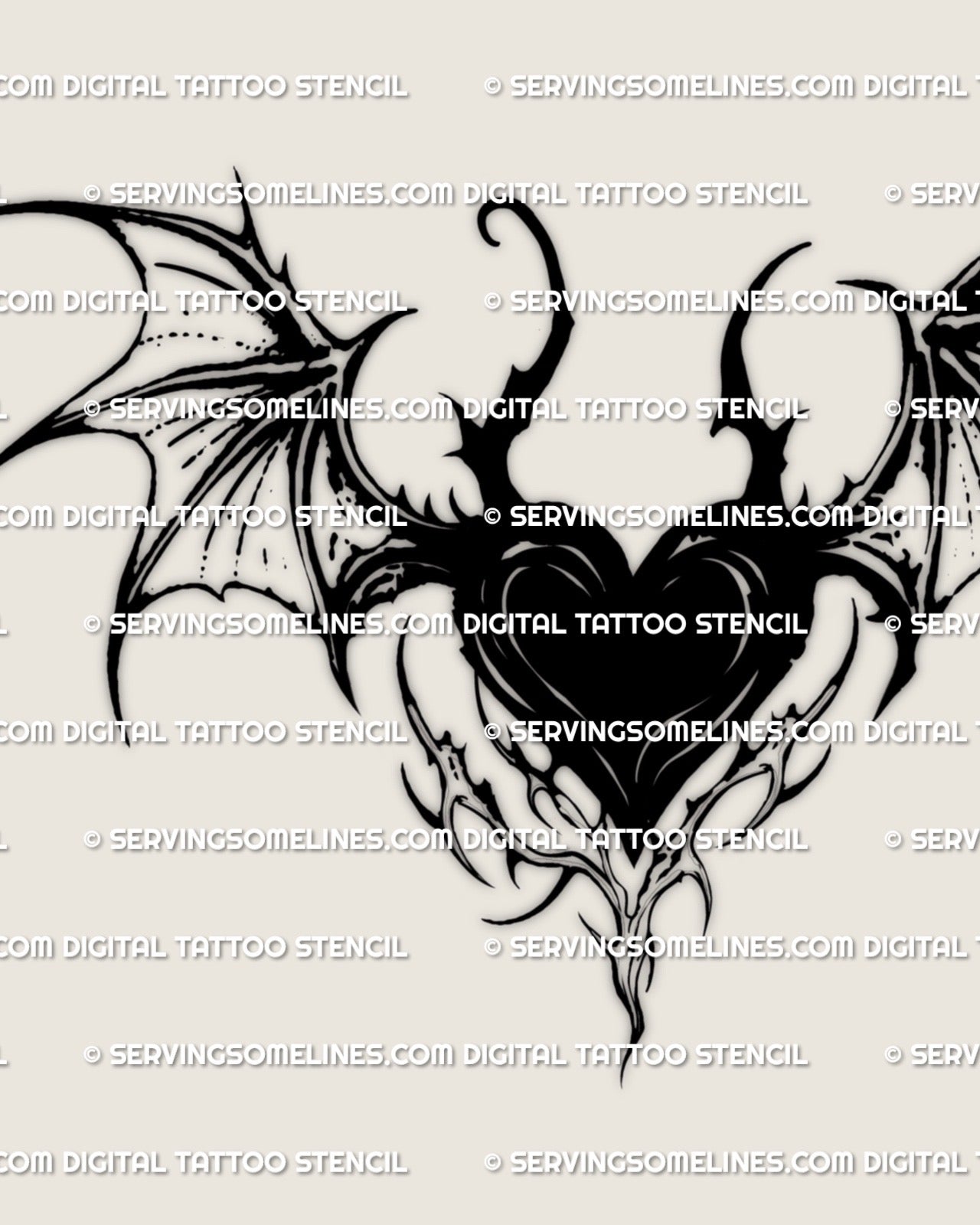 dark gothic winged heart tattoo stencil with bat inspired details displayed as a high resolution design preview