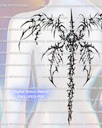 Back mockup of a dark gothic winged spine tattoo stencil with skeletal shape and long vertical tail