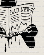 Gothic minimalist tattoo stencil of devil silhouette behind Bad News paper, symbolic dark aesthetic tattoo design for small statement piece