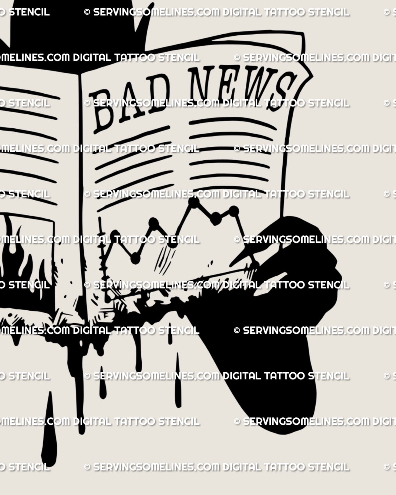 Gothic minimalist tattoo stencil of devil silhouette behind Bad News paper, symbolic dark aesthetic tattoo design for small statement piece