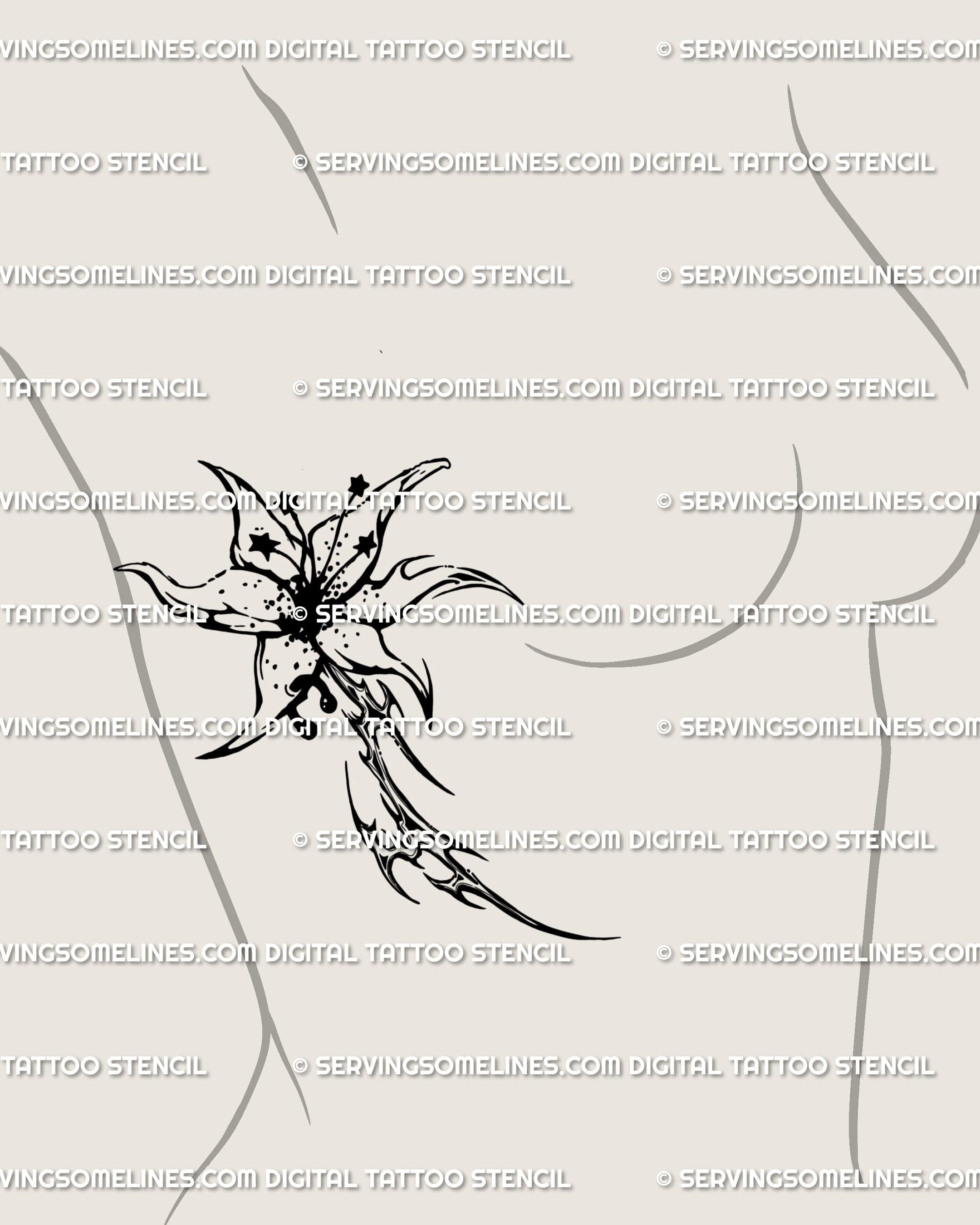 Dark lily tattoo shown on womens side ribs placement example, cyber tribal flower design with printable download files.