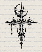Dark lunar cross tattoo design with thorned blackwork and star accents prepared for clean stencil transfer.