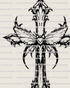 Moth cross tattoo design with sharp wing tips, moth cross stencil file for tattoo transfer, black line art