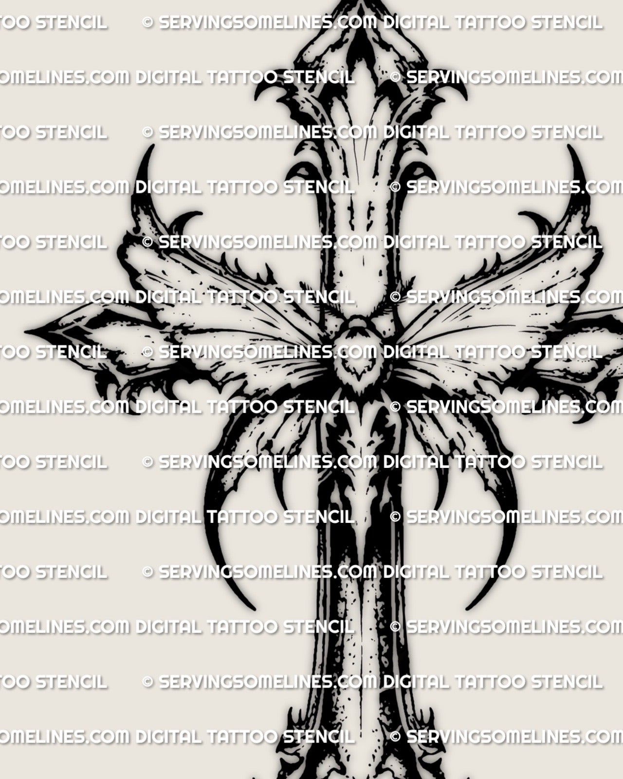 Moth cross tattoo design with sharp wing tips, moth cross stencil file for tattoo transfer, black line art