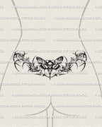 Dark moth tattoo shown on womens lower waist placement, with a centered skull-faced moth and a broad wing spread.