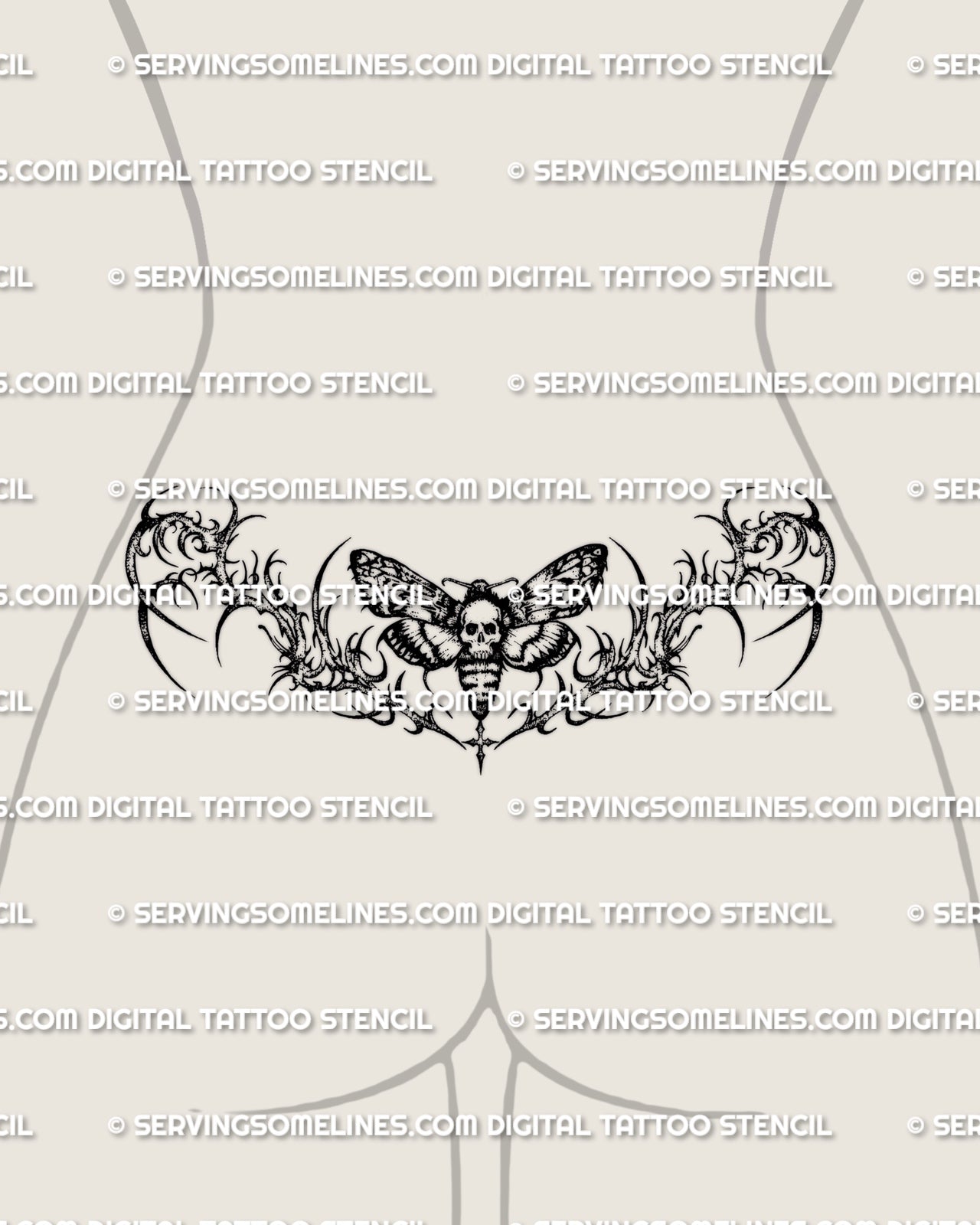 Dark moth tattoo shown on womens lower waist placement, with a centered skull-faced moth and a broad wing spread.