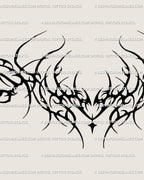 Close detail of dark neotribal lower back tattoo showing the narrow center and subtle sparkle accent