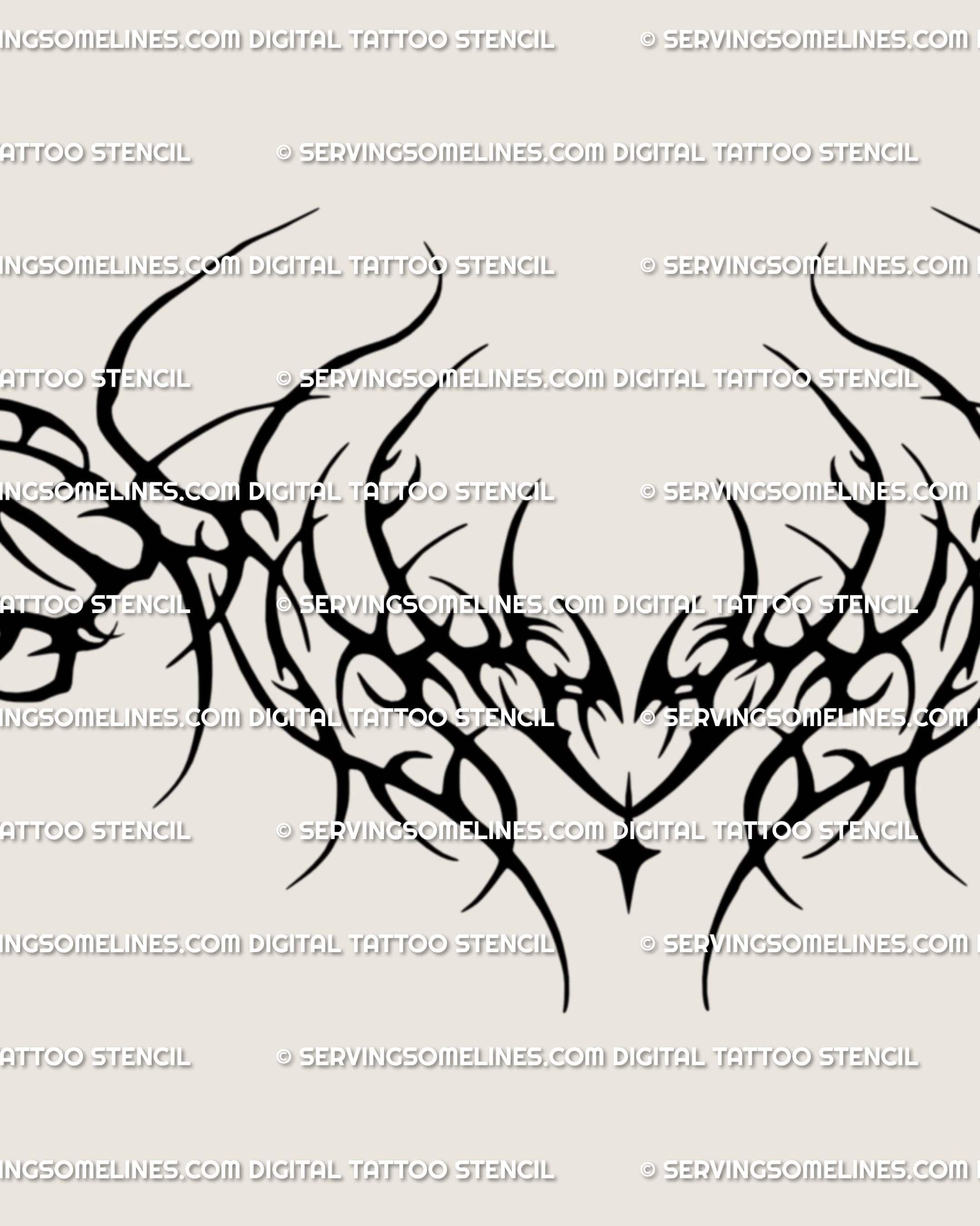 Close detail of dark neotribal lower back tattoo showing the narrow center and subtle sparkle accent