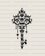 Ornamental floral key stencil with flower centerpiece and charm drops, high-contrast lines, ready for stencil transfer and print.