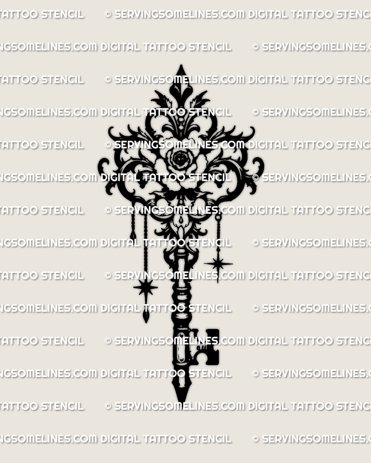 Ornamental floral key stencil with flower centerpiece and charm drops, high-contrast lines, ready for stencil transfer and print.