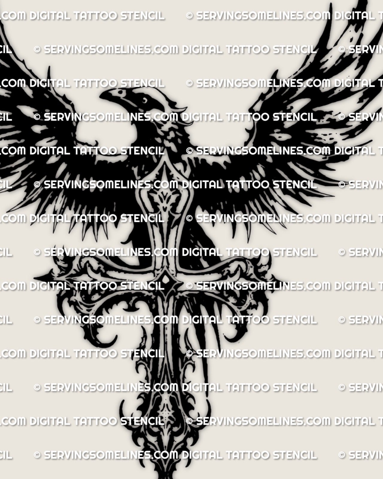 Dark raven and cross tattoo design built for stencil use, ornate gothic structure and wings in high-resolution file. 