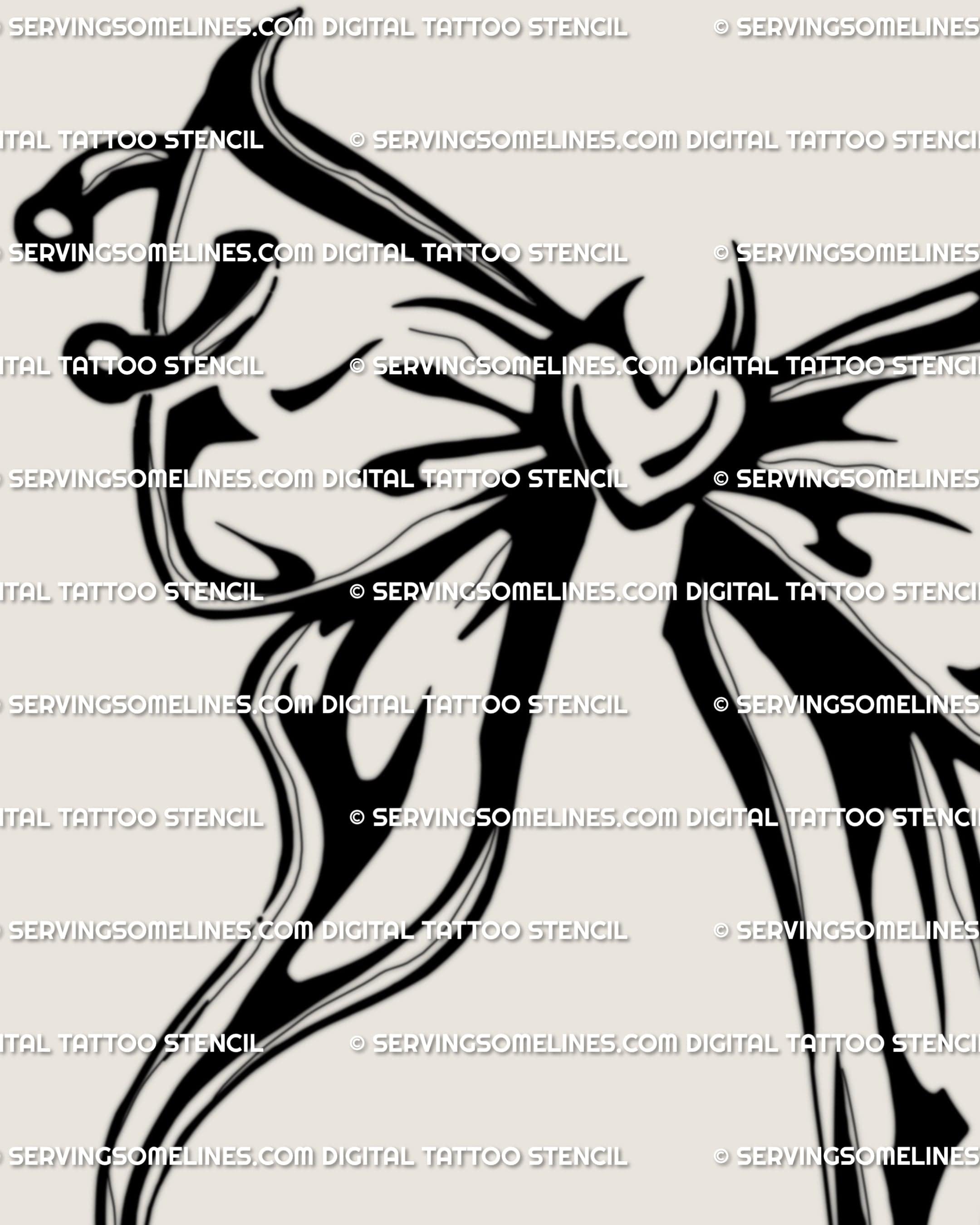 Dark ribbon bow tattoo stencil close detail, pierced center bow design with high-resolution printable stencil files.