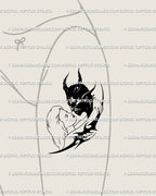 Dark romance tattoo stencil of girl and devil kiss, gothic couple design in neotribal art style, perfect symbolic piece for front thigh. 