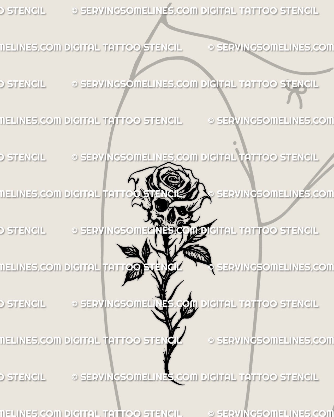 Dark rose skull tattoo stencil displayed on a woman’s thigh placement, heavy gothic blackwork design offering bold contrast for a striking tattoo outcome