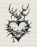 Dark sacred heart tattoo stencil with barbed wire, crown of thorns, and cybertribal flame tips, high-contrast blackwork design