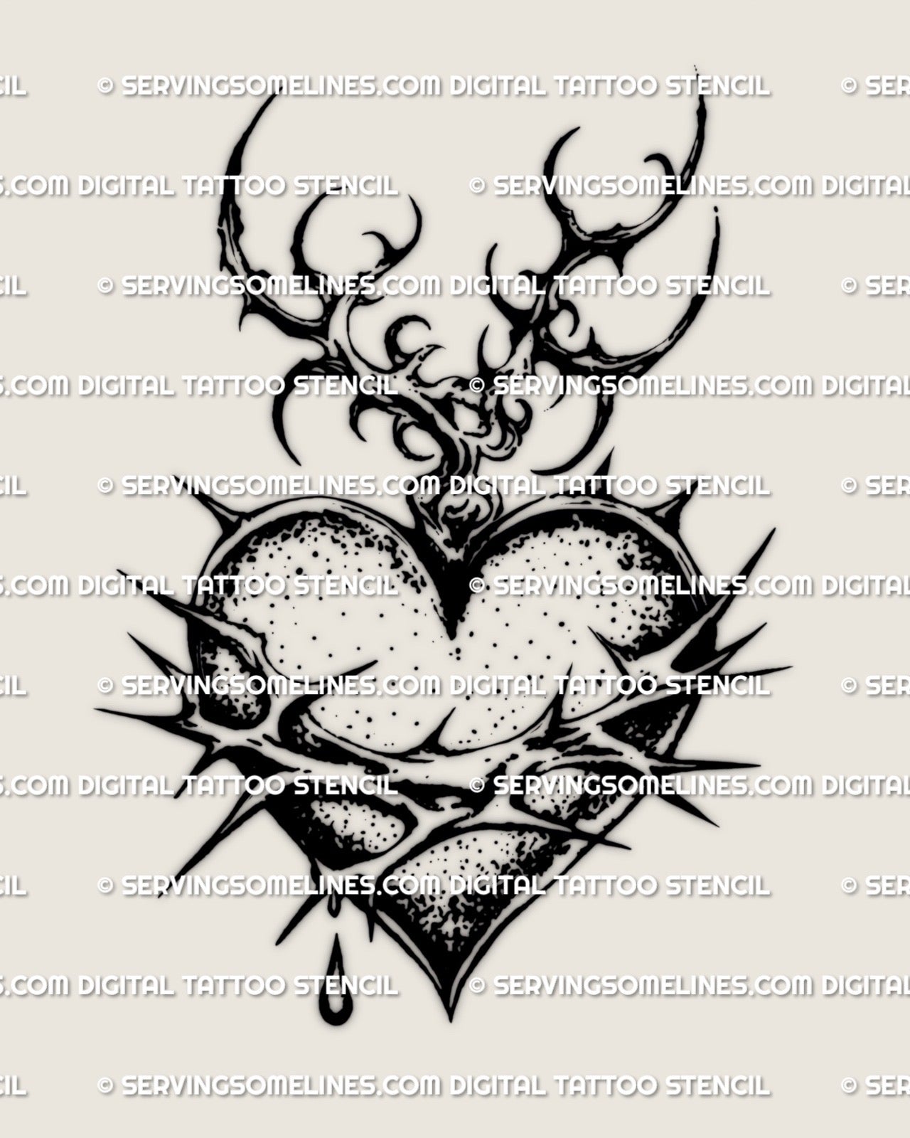 Dark sacred heart tattoo stencil with barbed wire, crown of thorns, and cybertribal flame tips, high-contrast blackwork design