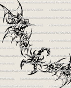 Main design view of a dark scorpion waist tattoo stencil, with a centered body, open claws, skull accents, and floral framing.