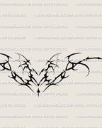 close detailed view of dark sigil succubus heart tattoo stencil with bold black wings and curved tribal lines made for lower back designs