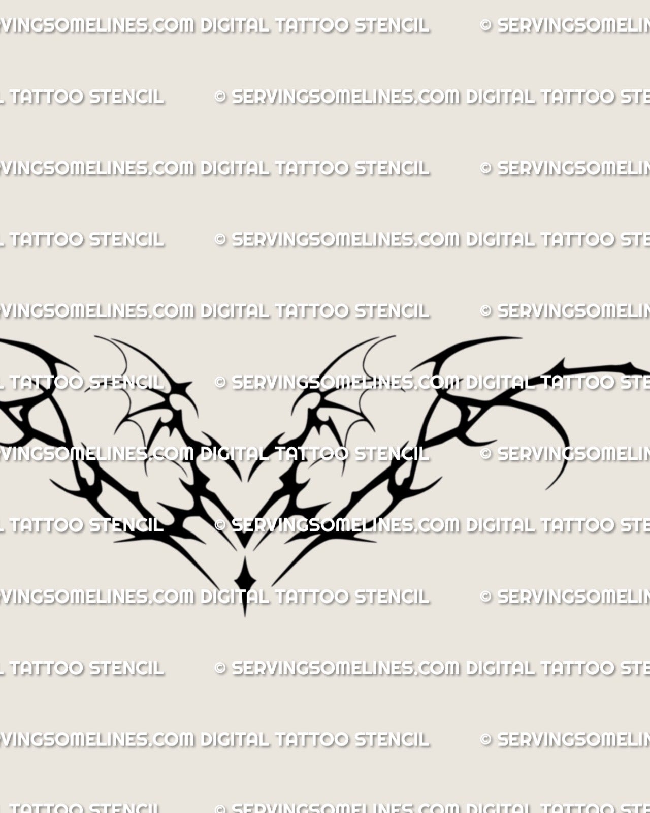 close detailed view of dark sigil succubus heart tattoo stencil with bold black wings and curved tribal lines made for lower back designs