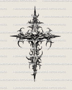 Dark skull cross tattoo stencil digital product highlighting thorned cross details and cyber influenced gothic linework