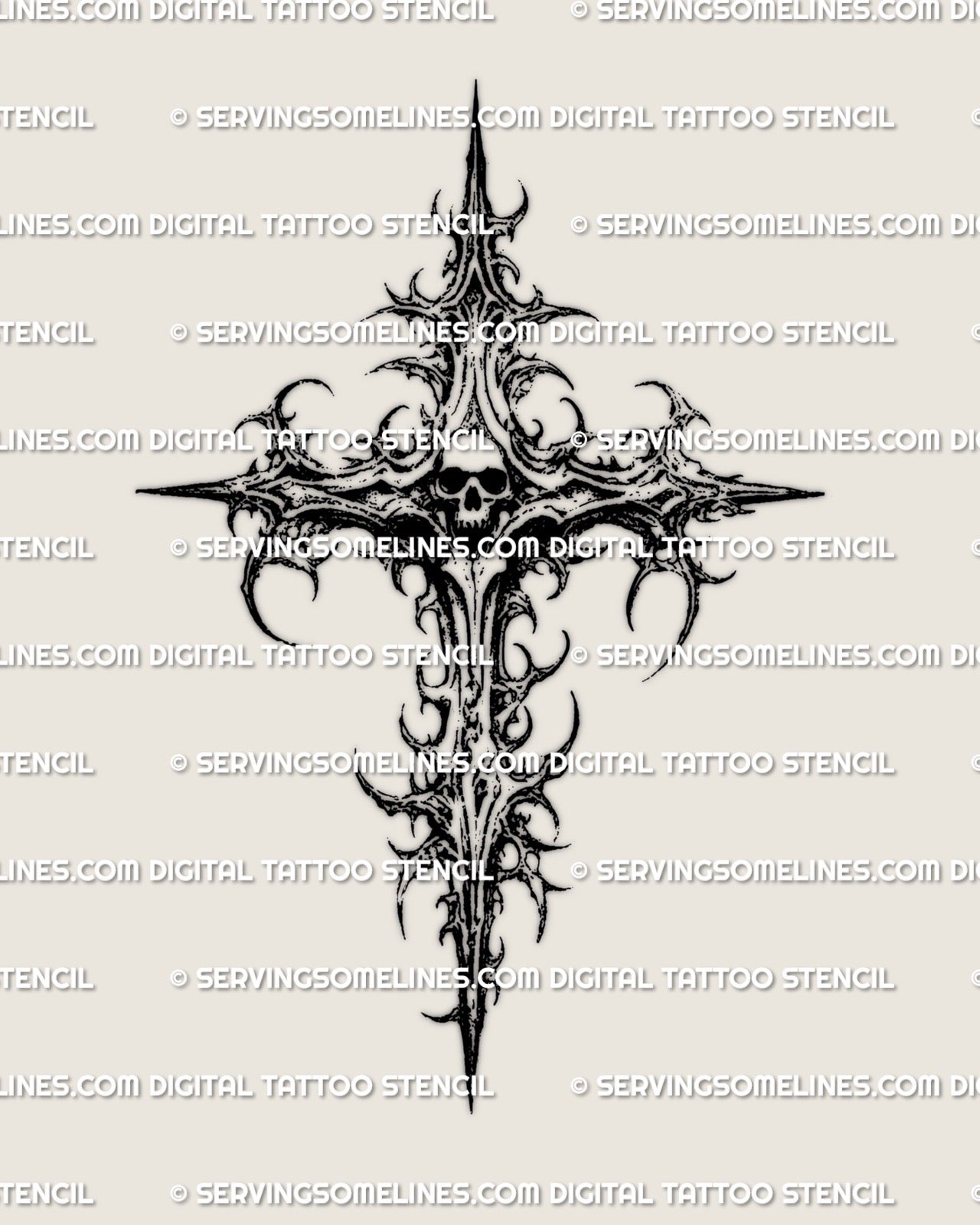 Dark skull cross tattoo stencil digital product highlighting thorned cross details and cyber influenced gothic linework