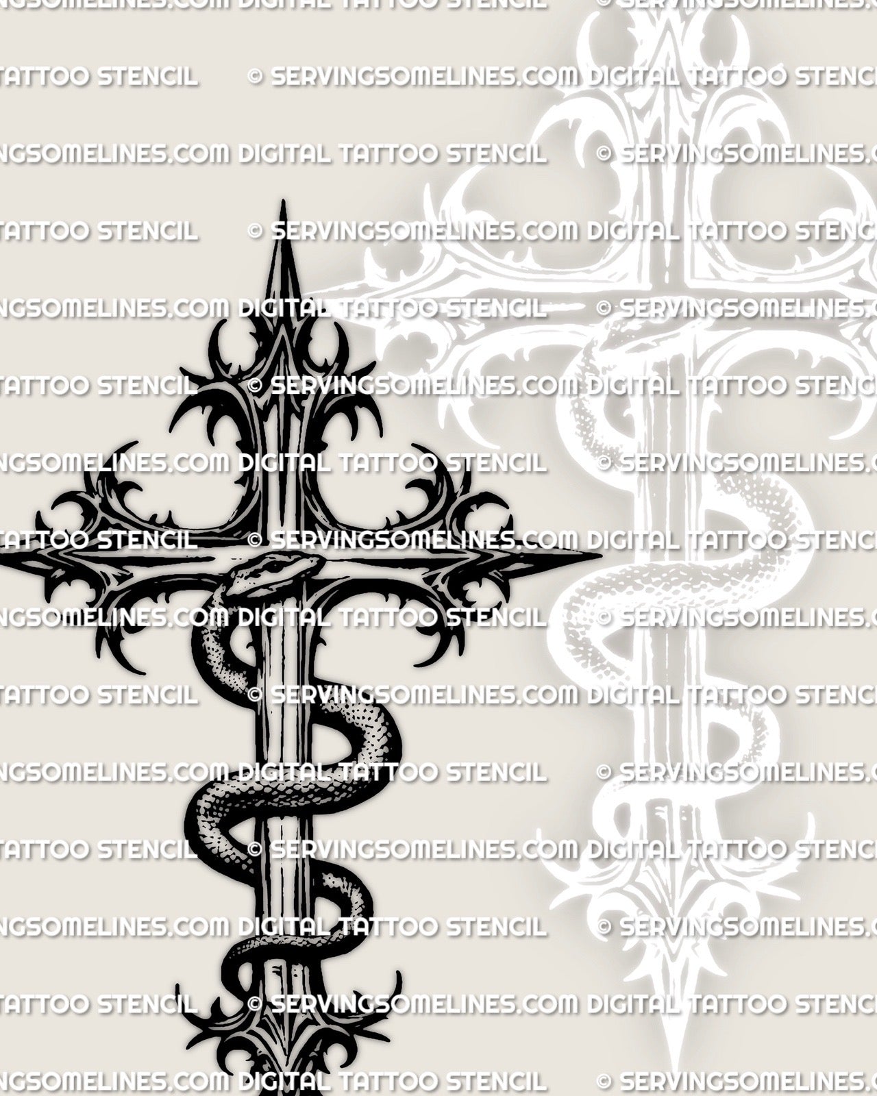 Coiled snake cross stencil file showing a snake wrapped around a tall cross with spiked ends, dark serpent cross stencil detail.