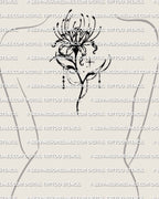 Dark lily stencil, shown on womens upper back placement example, spider lily tattoo stencil in black, curled petals and tall stem