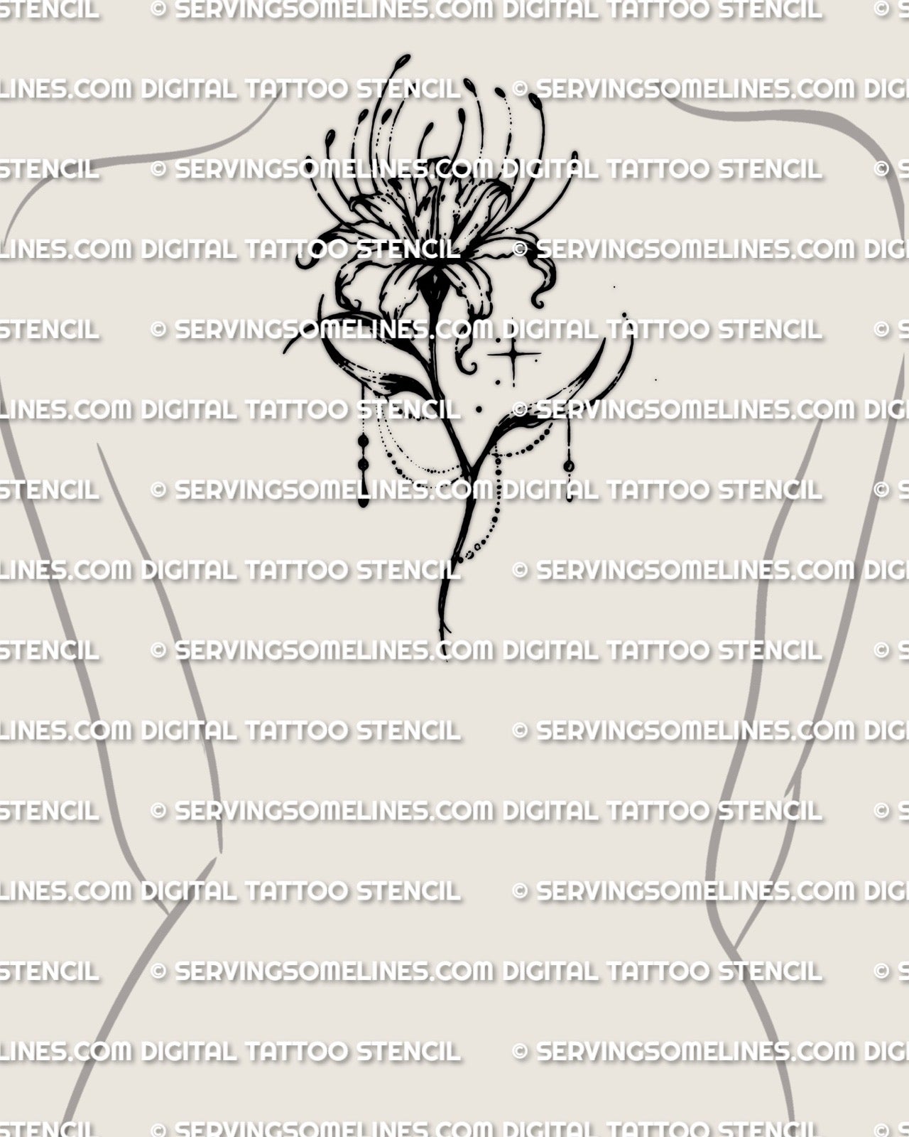 Dark lily stencil, shown on womens upper back placement example, spider lily tattoo stencil in black, curled petals and tall stem