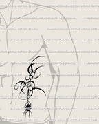 Dark spider tattoo shown on men’s side stomach placement with a clean spider-first design and black ornamental structure
