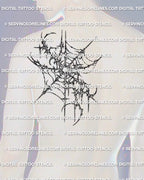 Dark spider web tattoo stencil shown on mens shoulder blade placement example, sharp web design with digital download files.