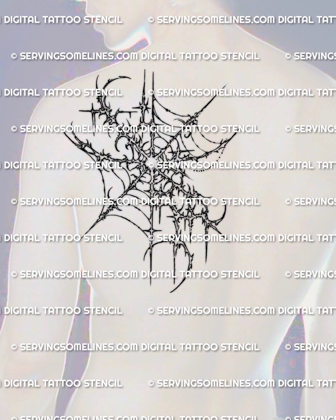 Dark spider web tattoo stencil shown on mens shoulder blade placement example, sharp web design with digital download files.