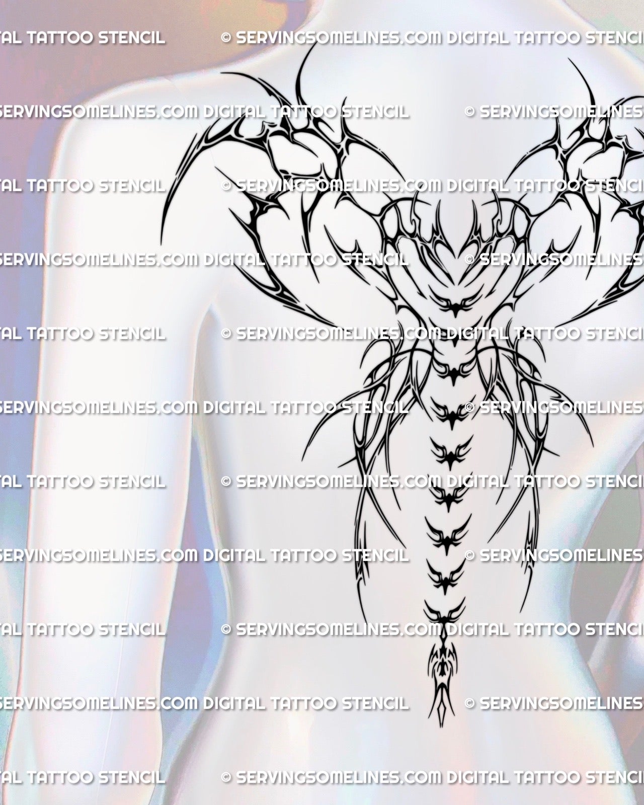 Full back tattoo stencil with dark spine wings pattern and central heart accent, futuristic tribal-inspired cybersigilism line art.