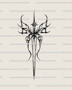 Dark sword tattoo stencil design preview, flared arc crossguard with hooked lower points, clean linework for transfer.