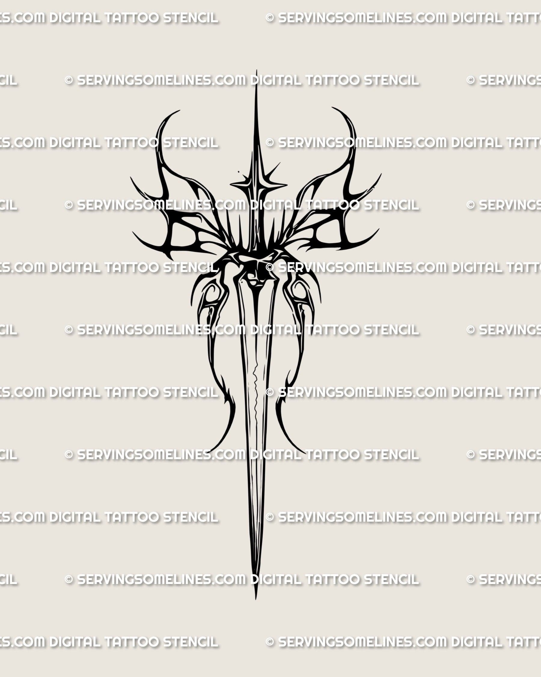 Dark sword tattoo stencil design preview, flared arc crossguard with hooked lower points, clean linework for transfer.