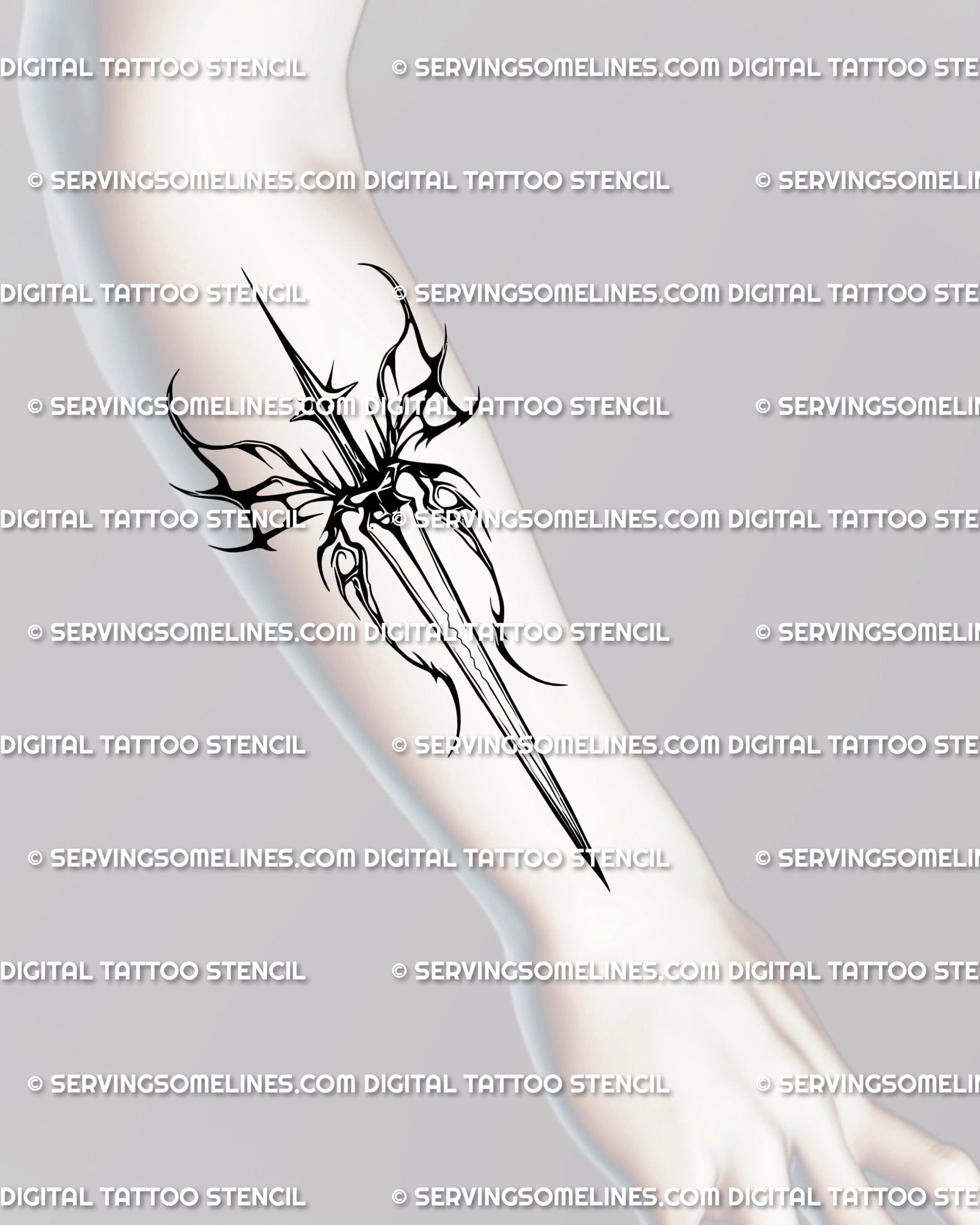 Dark sword tattoo stencil shown on forearm placement, blackwork linework stays crisp at small sizes.
