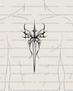 Dark sword tattoo stencil shown on men sternum placement, centered blade silhouette with blackwork linework.