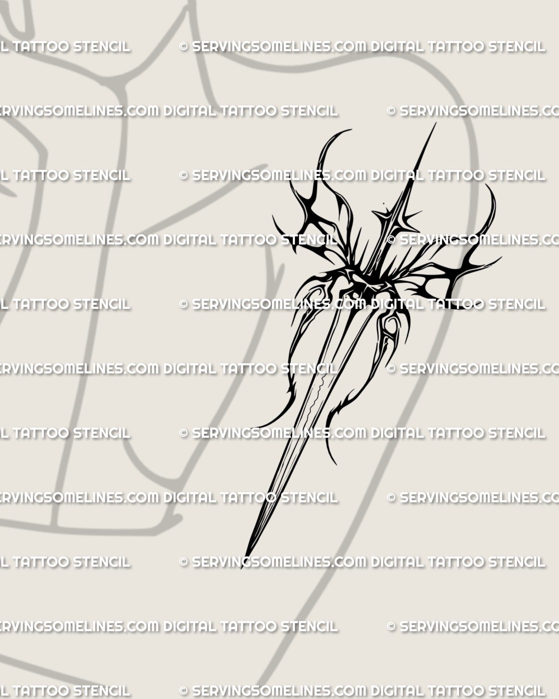 Dark sword tattoo stencil shown on women arm placement, bold linework and pointed guard accents.