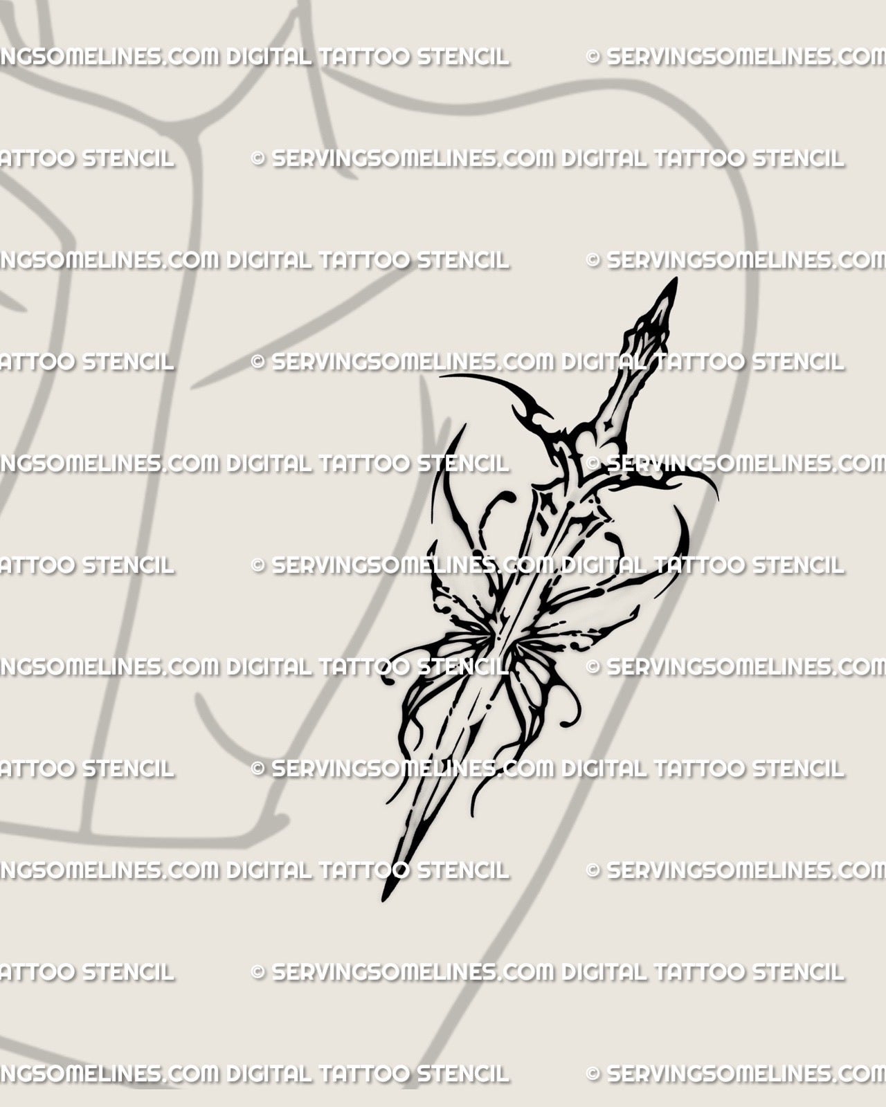 Dark sword tattoo stencil displayed on women’s arm placement, abstract ink splash style with clean edges. 