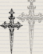 Dark weapon cross tattoo stencil with dagger integrated into the cross silhouette, detailed gothic tattoo design. 