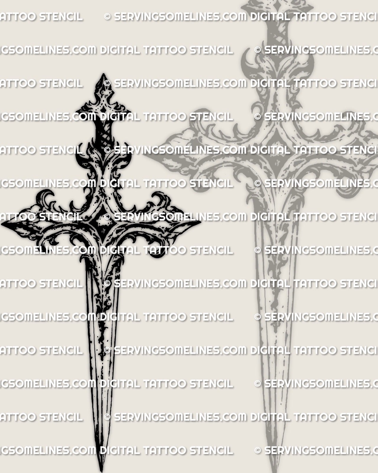 Dark weapon cross tattoo stencil with dagger integrated into the cross silhouette, detailed gothic tattoo design. 