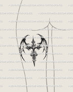 Dark winged cross tattoo placed on back thigh, sharp blackwork cross with dramatic wings