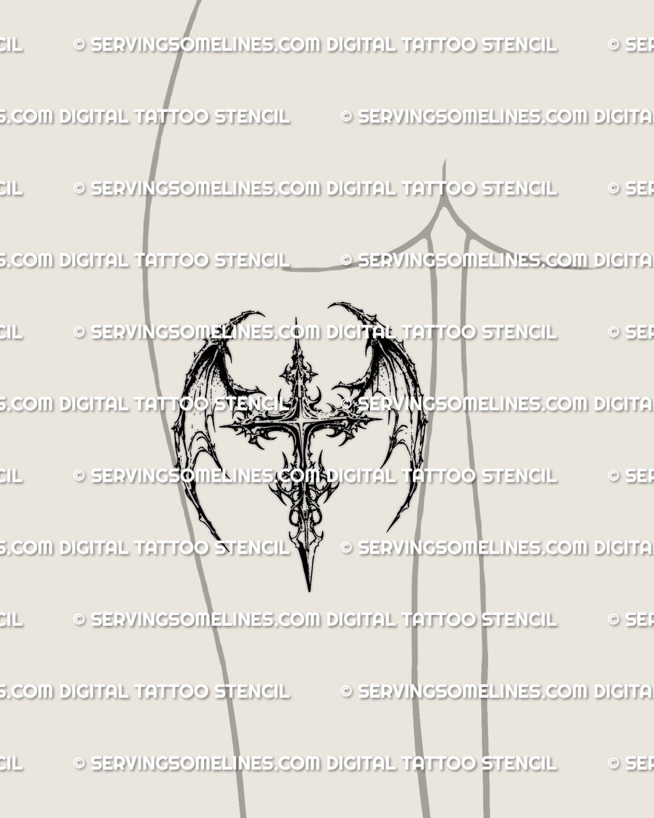 Dark winged cross tattoo placed on back thigh, sharp blackwork cross with dramatic wings