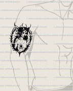 Gothic witch tattoo on man’s arm, blackwork portrait with thorn frame and fantasy occult vibe, dark witchcore body art.