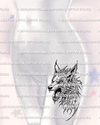 Dark wolf tattoo stencil displayed on feminine hip placement example, bold wolf head design with printable files.