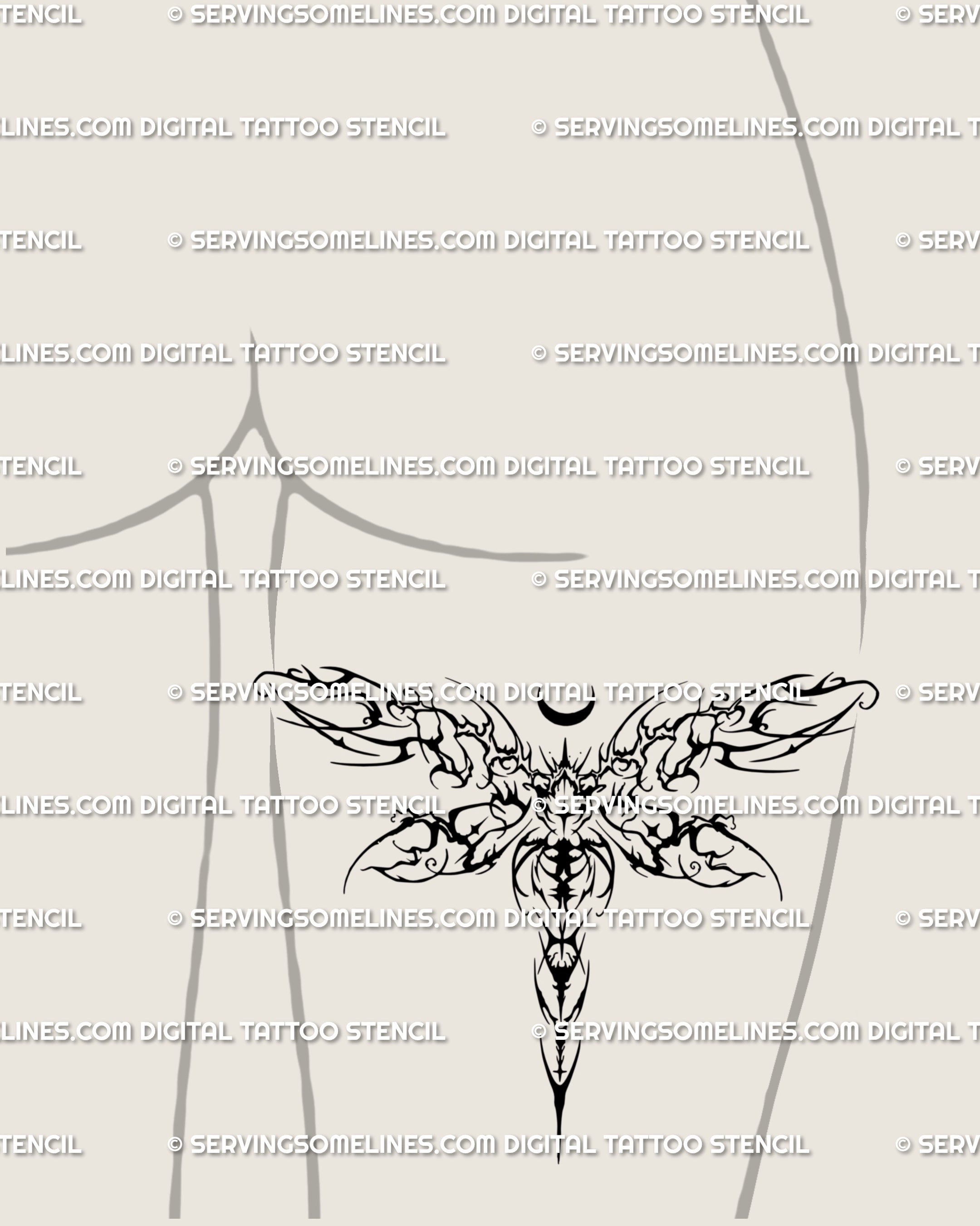 Dark fairy dragonfly tattoo stencil with spiky neo tribal lines, drawn as a bold ornamental thigh tattoo design that feels alternative and symbolic.