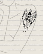 Hand-drawn fairycore blackwork tattoo on woman’s arm, gothic dark fairy design with wings and detailed fantasy aura lines.