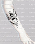 Gothic dark fairy tattoo on forearm, hand-drawn blackwork line art showing fantasy wings and elegant gothic fairycore symbolism.